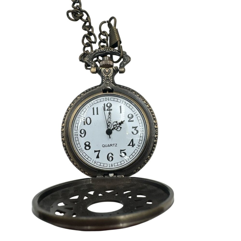 Antique-Inspired Quartz Pocket Watch With Intricate Filigree Design & Chain For